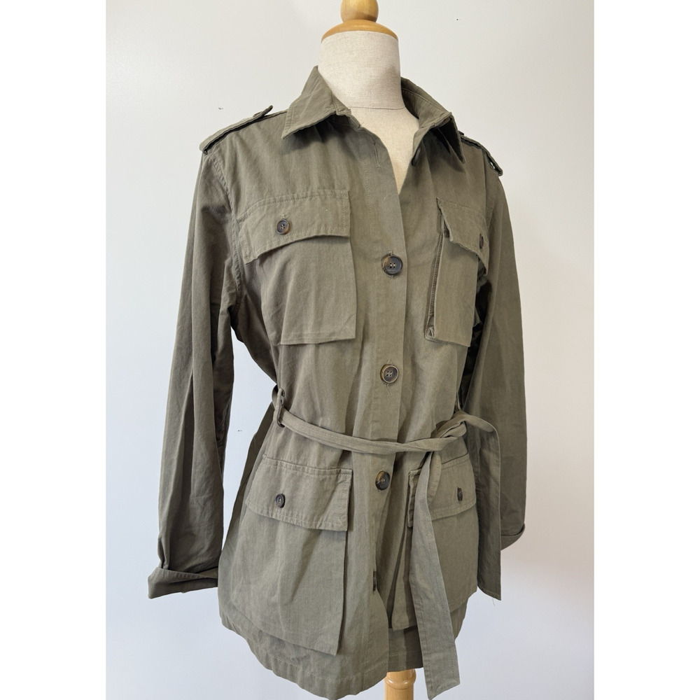 Line the Label Olive Green Utility Jacket Belted Button Down Size Small